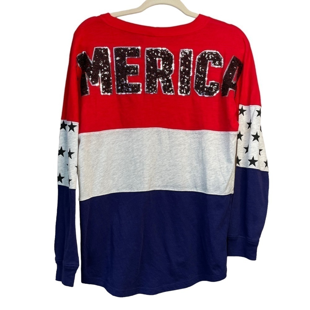 Victoria's Secret Pink 'Merica Sequin Bling Red Gray Blue Varsity Crew Tee